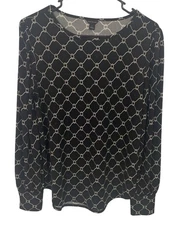 Ann Taylor Black Chain Print Long Sleeve Blouse S Stretch Classic Elegant