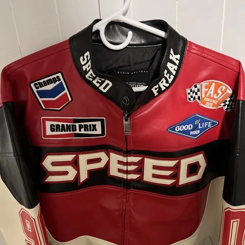 Team Speed Freak PU Men's Copper Rivet 90 Red Racing Jacket Sz Large NWT Zipper image 7