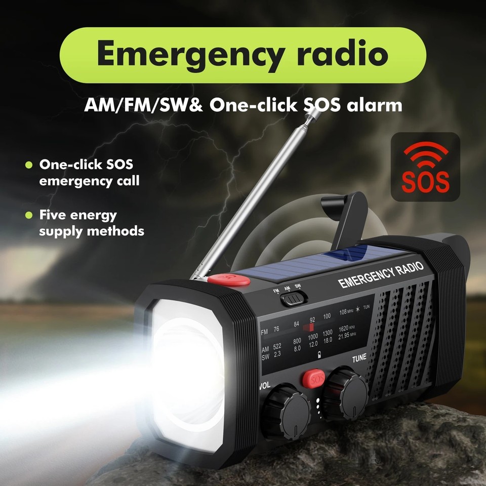 Emergency Radio with SOS, AM/FM/SW, Flashlight, 2000mAh Solar & Hand ...