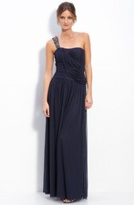 JS Collections Mesh Beaded Shoulder Gown Sz 16 Navy