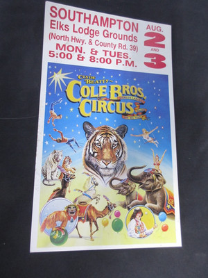 1990's Clyde Beatty COLE Brothers Southampton Elks Lodge 6'' x 11'' Circus Poster