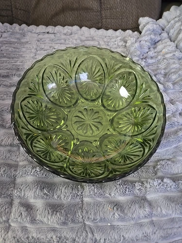 Vtg Anchor Hocking Green Berry 5" Depression Pressed Glass Bowl Scalloped
