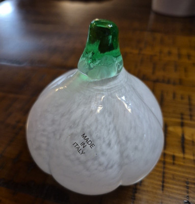 Hand Blown White Mottled Glass Pumpkin Paperweight Green Applied Stem Italy
