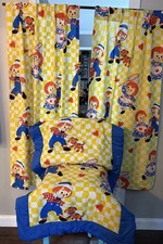 RARE 70s Raggedy Ann and Andy Yellow Checker Crib Blanket and Curtains