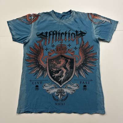 Affliction Wings Grunge T Shirt Blue Large