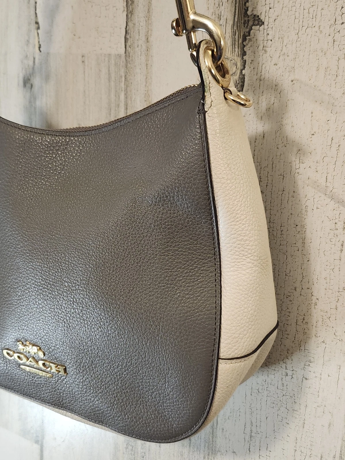 Borsa a tracolla Coach F76697 Jes Colorblock Hobo Heather grigio bianco pelle ciottolata