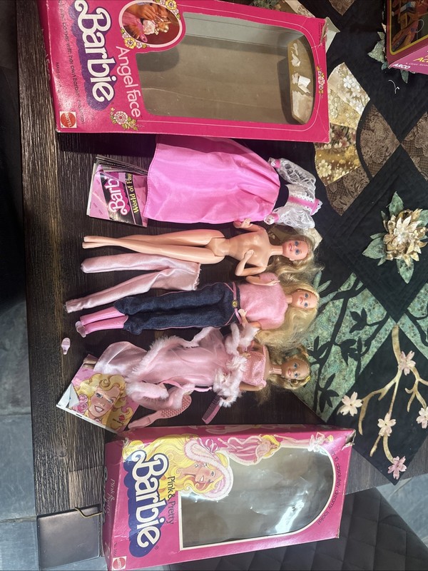 Lot Of 3  1980s Barbie Dolls Angel Face, Pink Pretty, Fashion Jeans W Box