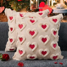 Valentines Day Pillow Covers 18x18 Inch Set of 2 Pink Embroidery Beige Heart ...