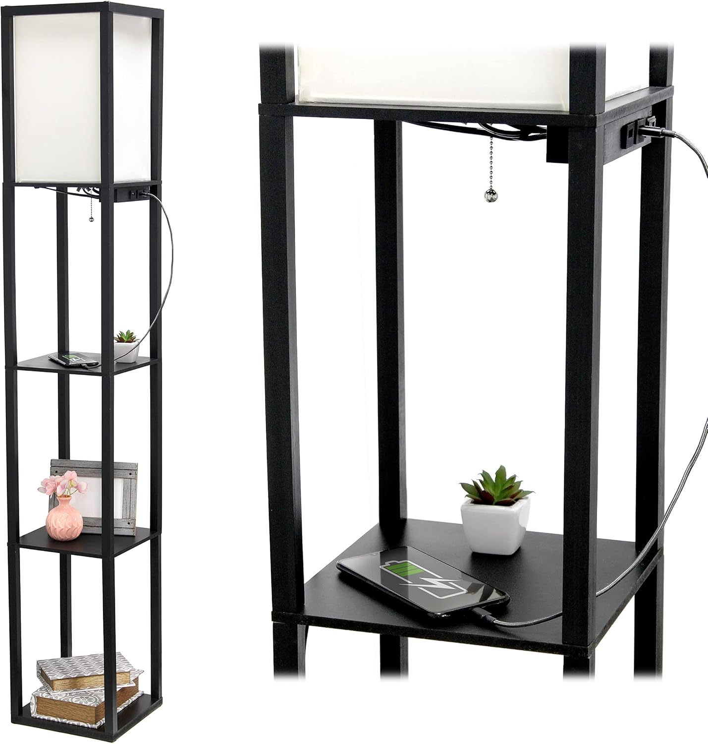LF1037-BLK Floor Lamp Etagere Organizer Storage Shelf with 2 USB Charging Por...