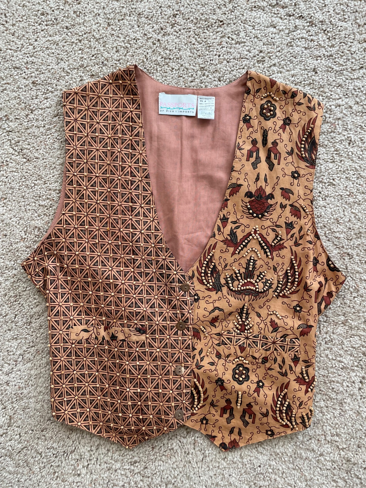 Vest Passports of Pier 1 Vintage Tan Beaded Cotton Boho Button Front Tie Back-image