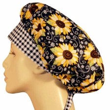 Surgical Chemo Scrub Cap Banded Bouffant Sunflowers on Black 214