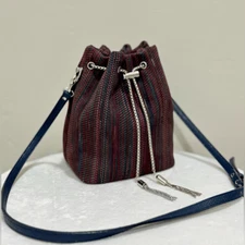 Colorful Stripe  Genuine Woven Leather Drawstring Bucket Bag & 3 Strap Styles