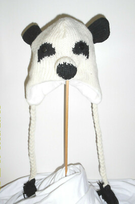 Infant/Child's Animal/Panda Bear 100% WOOL Hand Knit Fleece-Lined Hat