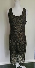 Sans Souci Women’s Sz L Black & Gold Lace Overlay Midi Party Cocktail Dress NWT 