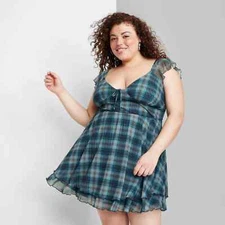 XL - Womens Flutter Short Sleeve Flare Mini Skater Dress - Wild Fable Blue Plai