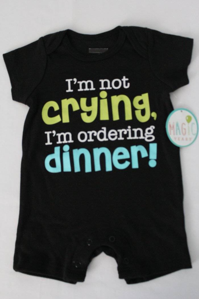 NEW Baby Boys Romper Size 9 Months Outfit Black Not Crying Ordering Dinner