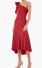 Mac Duggal One-Shouder Bow Satin Midi A-Line Dress NWT Size 12