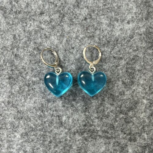 Silver Huggie Hoop Earrings with Blue Heart Charm - Picture 1 of 4