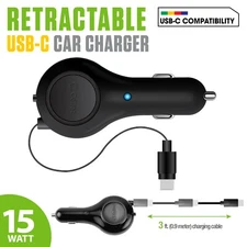 Cellet USB-C Retractable Car Charger 15W Fast Charge for iPhone 15/16 & Samsung