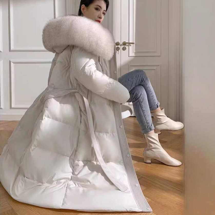 Luxury Real Fox Fur Big Collar Women Hood Down Puffer Jacket Long