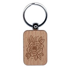 Stylized Peony Flower Engraved Wood Rectangle Keychain Tag Charm
