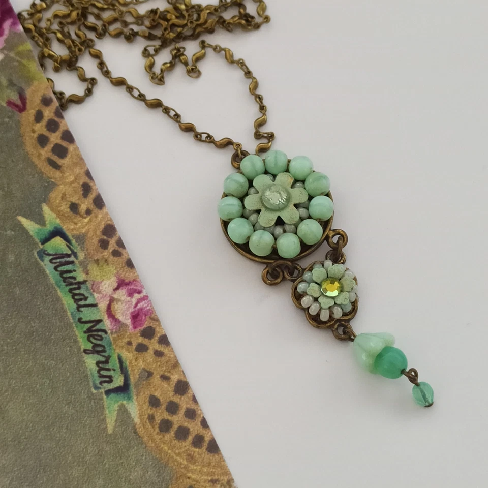 Michal Negrin Necklace Romantic Pastel Ice Turquoise Beaded Boho Long Bohemian - Image 2 of 4