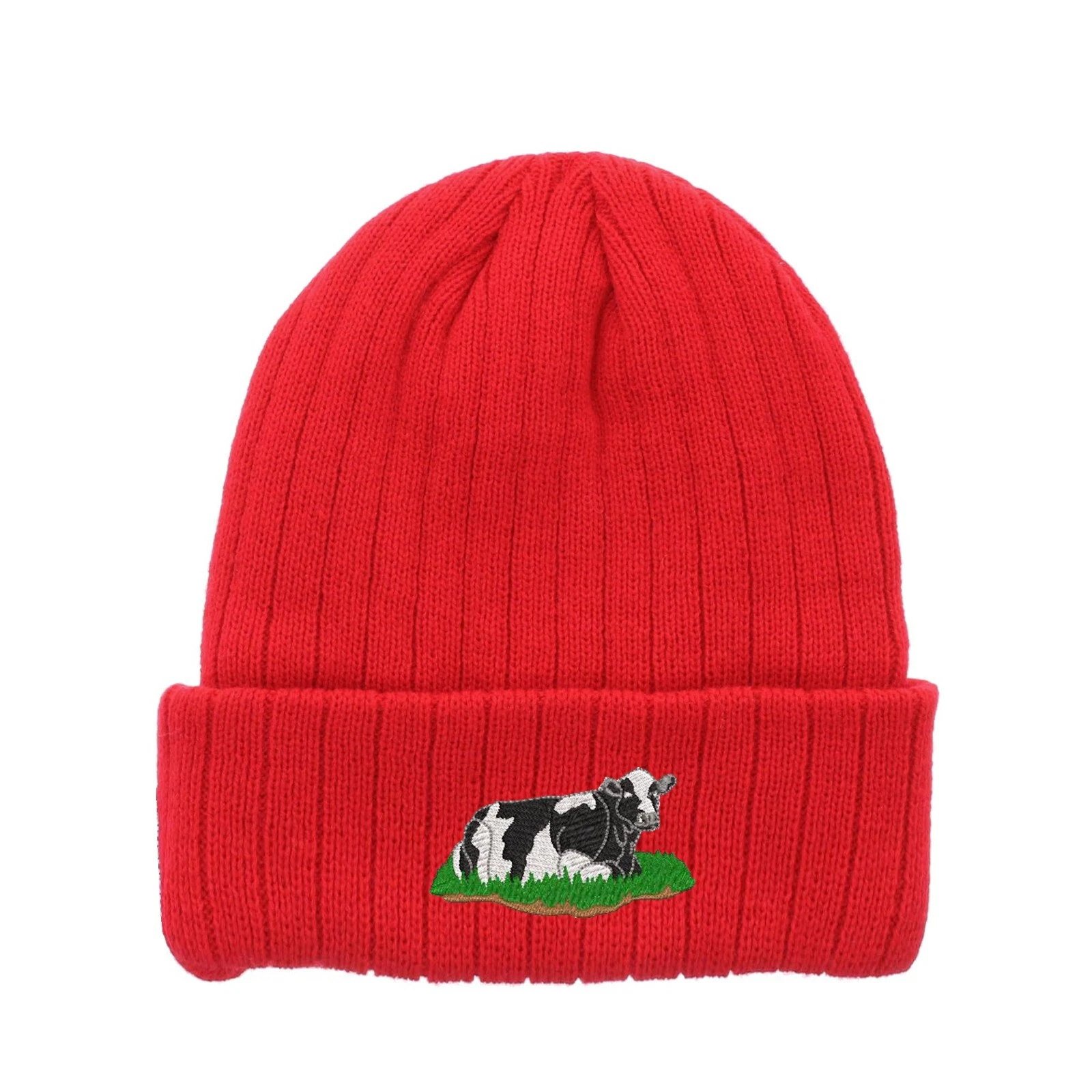 Farm cow embroidered fleece beanie hat, insulated winter beanie hat