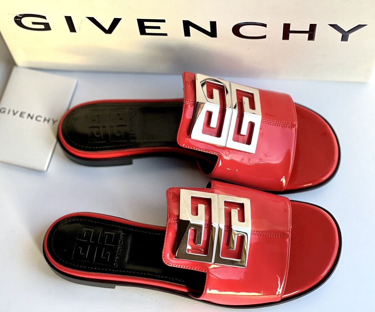 関税送料無料 GIVENCHY 4Gモノグラム フラットミュール Givenchy 4G Logo Patent Leather Flat Mules Sandals Red EU 38
