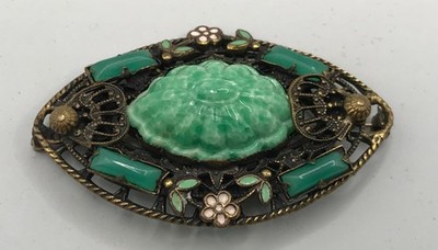 Vintage Max Neiger Peking Glass Brooch Faux Jade Enamel Filagree 1930's
