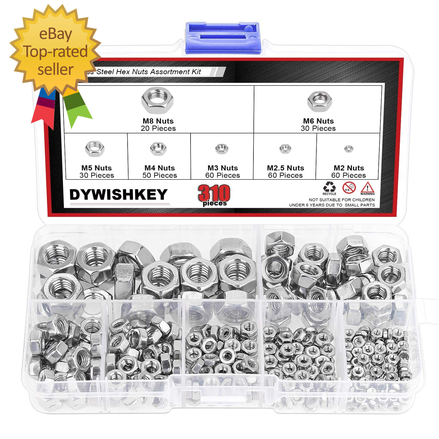 310 Pieces Metric 304 Stainless Steel Hex Nuts Assortment Kit for Screw Bolt