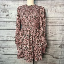 Lulus Medium Smocked Floral Dress Green Pink Long Sleeve Skater Dress