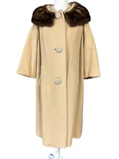 Vintage Stroock Wool Swing Coat Womens Camel Mink Fur Collar Made USA 50s 60s