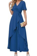 Mother of the Bride Navy Blue Jumpsuit/Pantsuit Dress V Neck Lace Chiffon Flowy