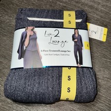 Live 2 NEW Lounge Set 3-Piece Knit Cardigan Tank Pant Women Small Navy Stretch