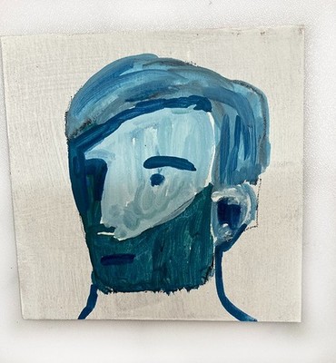 Blue Bearded Man Portrait Painting Original Quirky Naive Expressive Art