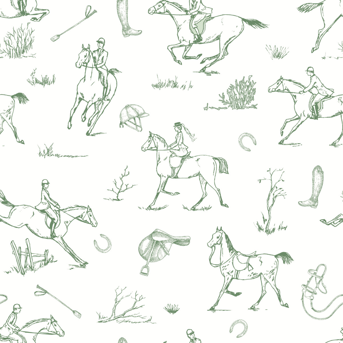 Equestrian Wallpaper Horse Riding White Green Traditional Country Feature Wall