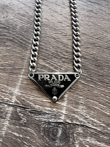 Black Unisex Prada Triangle Logo Pendant Necklace 19-21 Inch Adjustable Chain