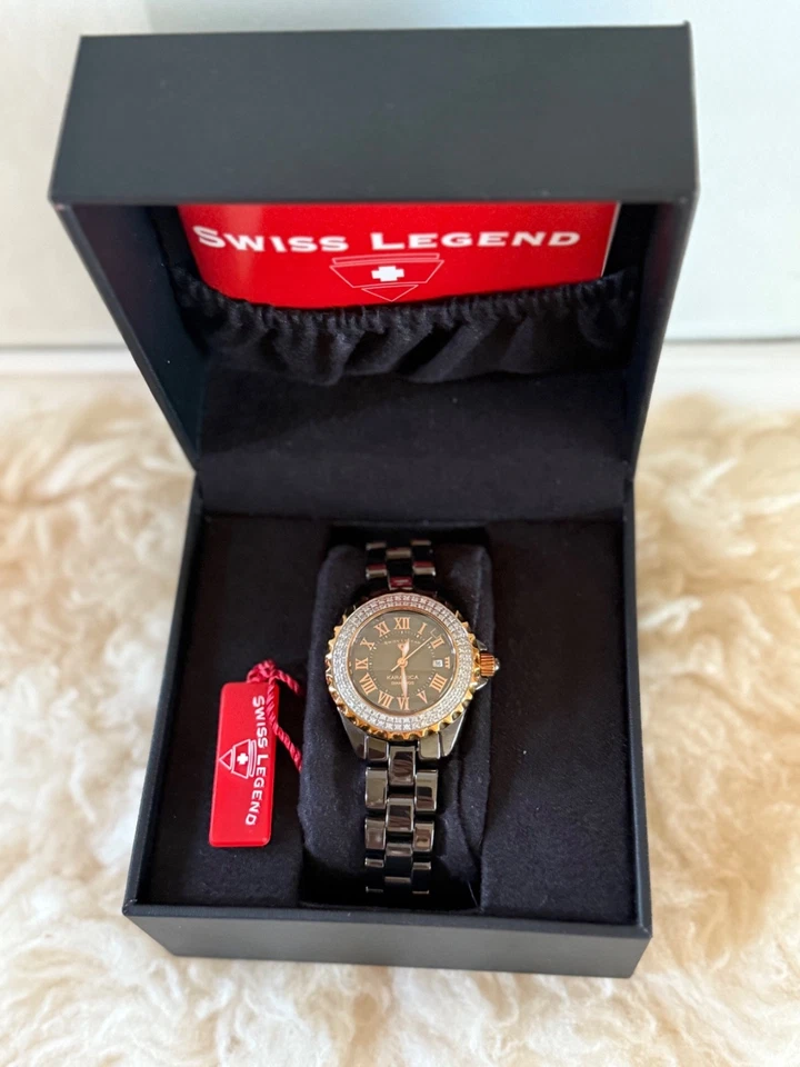 Reloj de cerámica con bisel de diamantes Karamica Swiss Legend para dama 34 mm_con caja Foto 4 de 4