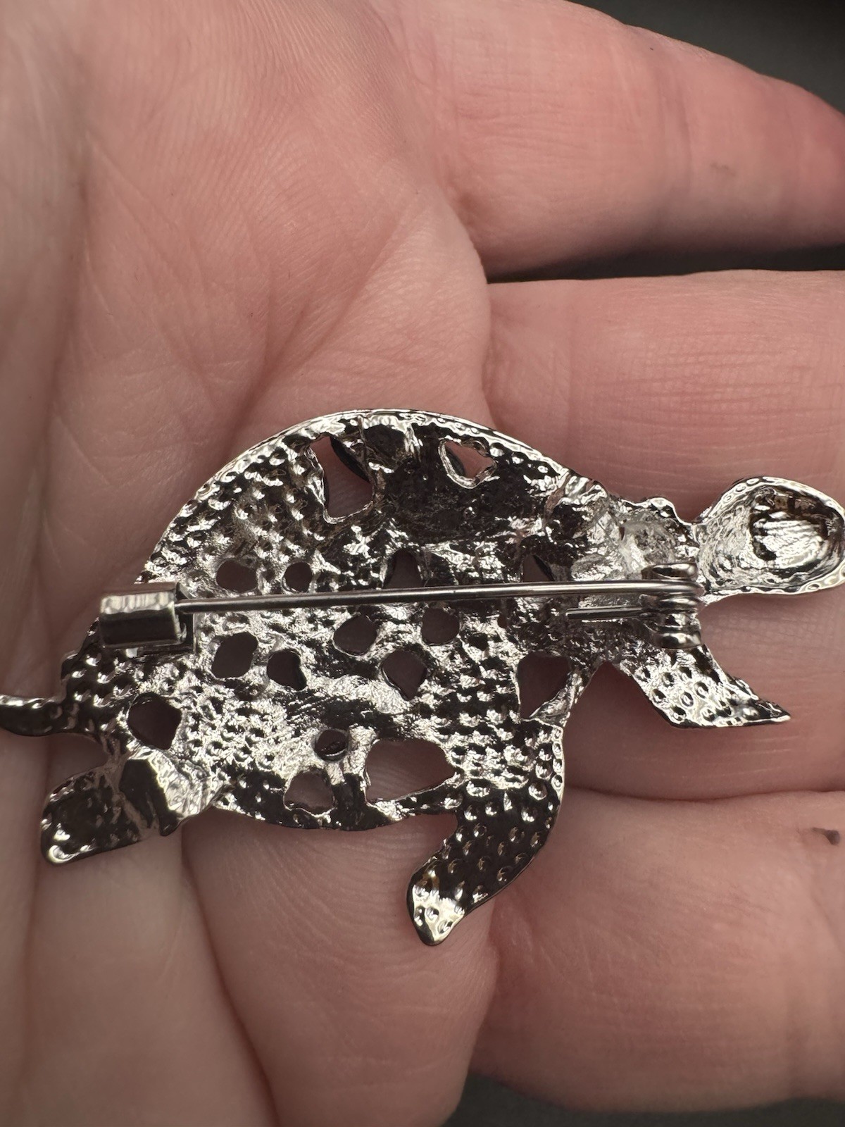 Abalone Shell Turtle Brooch Silver Tone Rhineston… - image 4