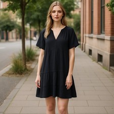 GAP Women’s Black Tiered Mini Dress M 100% Cotton Crinkle Gauze Pockets Casual