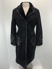 Vtg Brandon Thomas Suede Duster Coat Women’s M Black Floral Appliqués Penny Lane