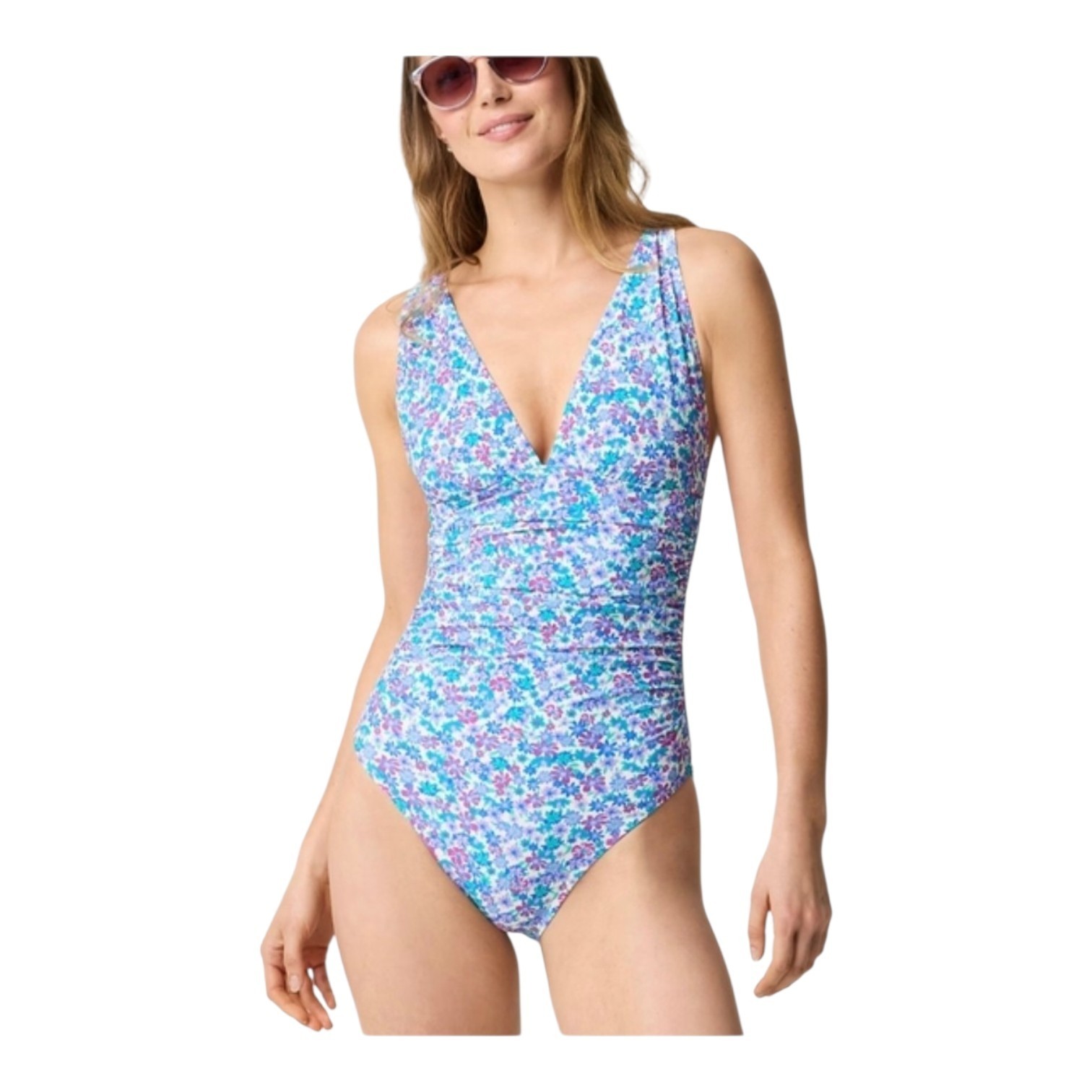 J Crew Womens Floral Print Plunge Ruched V Neck One Piece Swimsuit Medium
