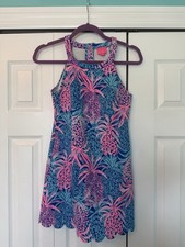 Vintage Lilly Pulitzer Dress Kids 12 Scuba Fabric Pink Blue Pineapple Tropical