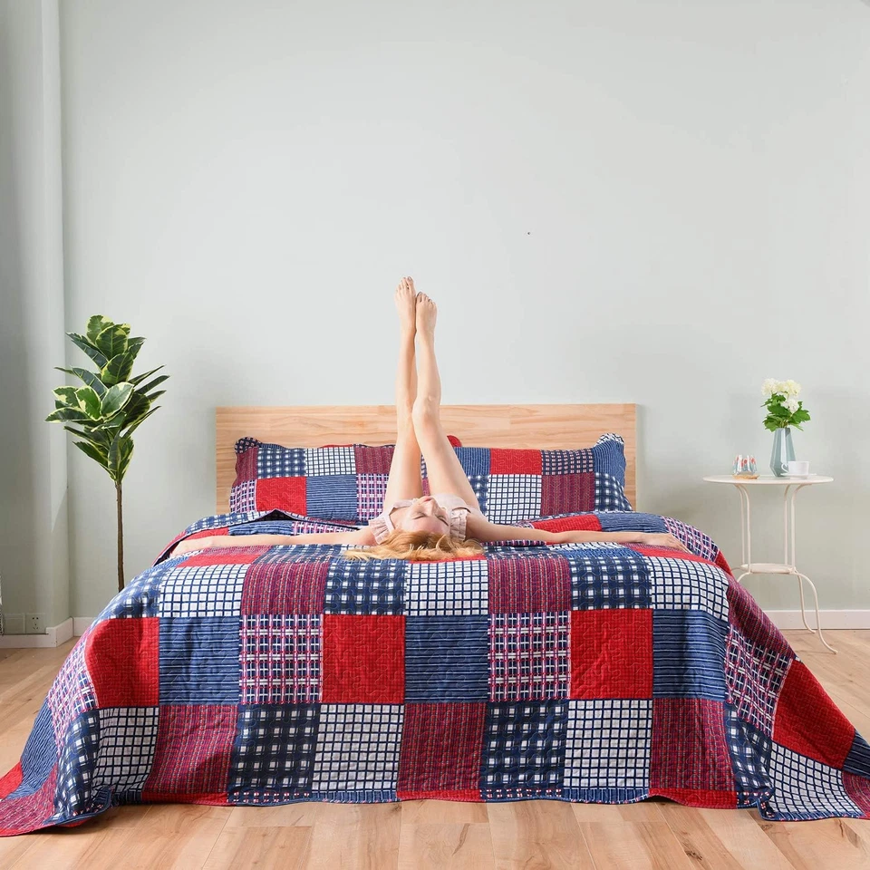 Red Blue Plaid Quilt Set King Size Country Patchwork Bedding Set Lightweight Rev - Image 3 of 4