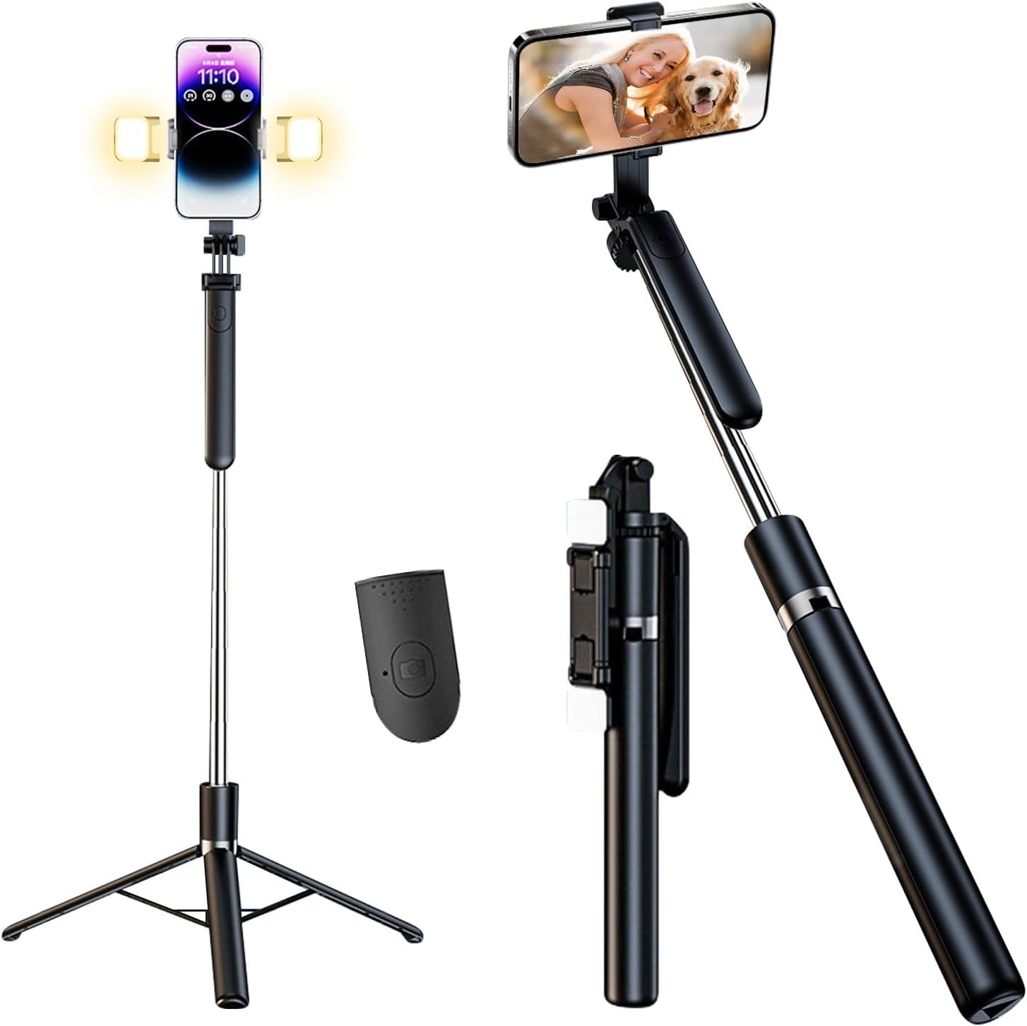 180cm/71inch Selfie Stick Tripod with 2 Fill Lights Phone Tripod with Detachabl