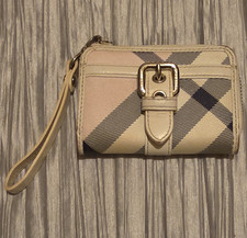 Burberry Blue Label Beige Pink Blue Plaid Wristlet Zip Wallet Fold