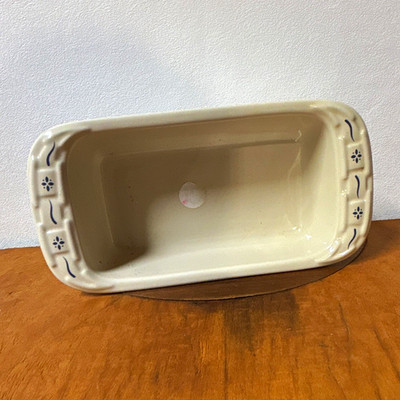 Longaberger Ceramic Rectangular Loaf Pan Beige with Blue Trim Bread Dish
