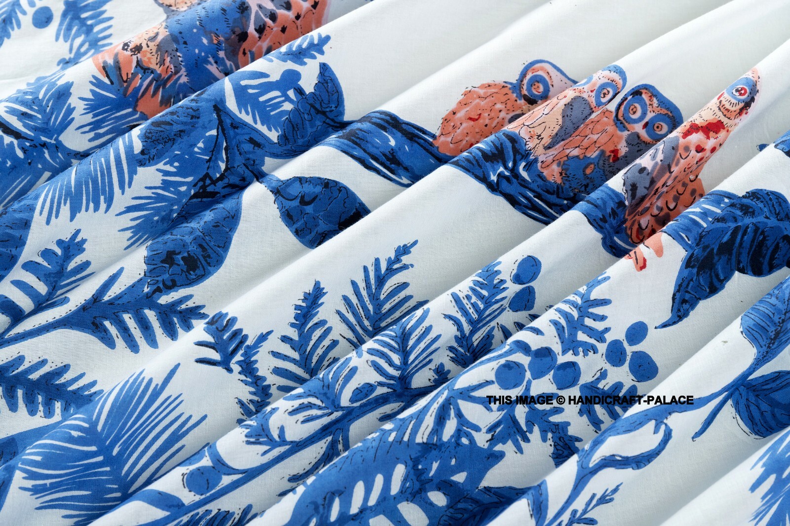 Tissu Coton Indien Bleu Floral Fait Main, 4.6 Mètres, Pour Couture Robe