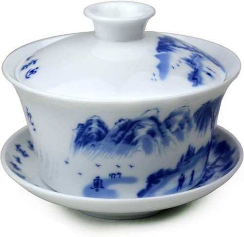 Porcelain Gaiwan 9oz Teacup Blue White Chinese Gongfu Tea Set Lip Cup Saucer - Picture 6 of 19