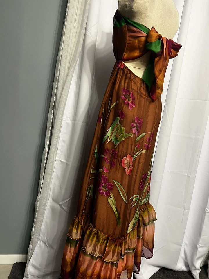 Sweetees Brown Foral Silk Maxi Dress with Ruffles open back with tie Size Med - Изображение 2 из 4